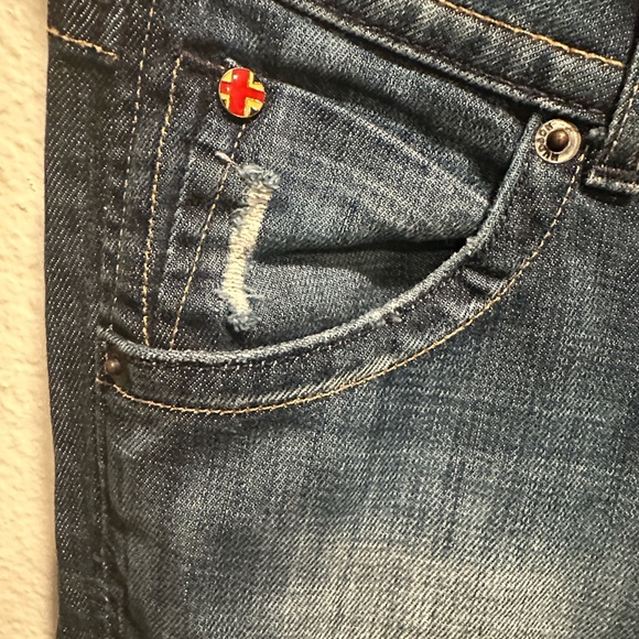 Vintage Y2K Hudson Low Rise Flare Jeans 2000s Distressed Dark Wash Denim - Sz 27 - Picture 6 of 16